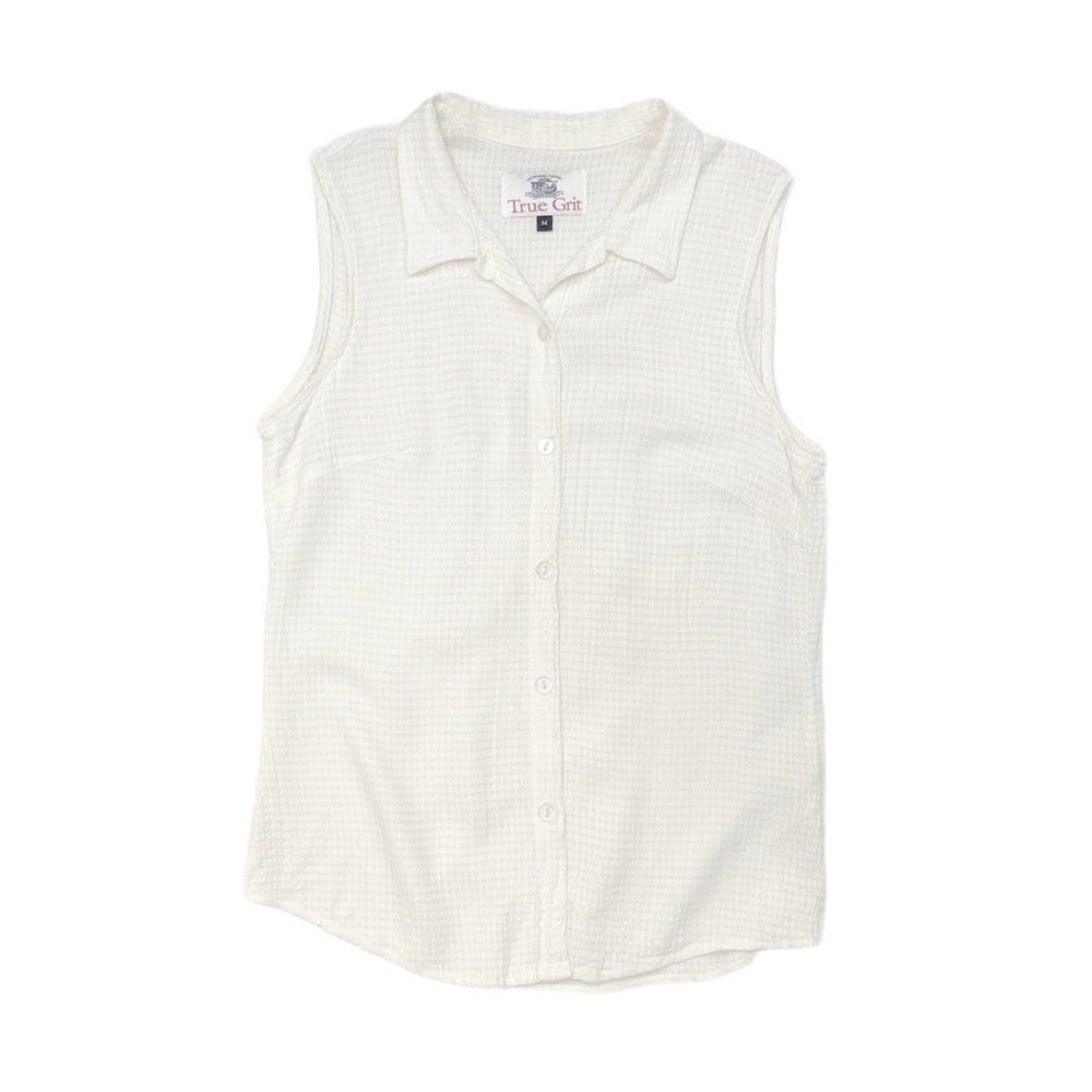 Vintage True Grit Off White Collared Sleeveless Button Front Vest Top
